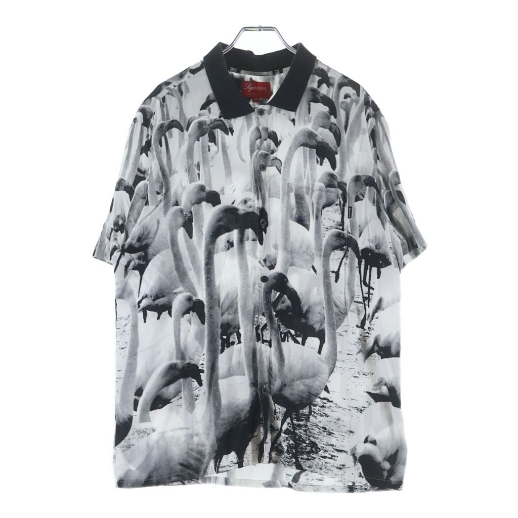SUPREME (シュプリーム) 14SS Flamingo S/S Shirts フラミンゴ 総柄 レーヨン 半袖シャツ ブラック/ホワイト