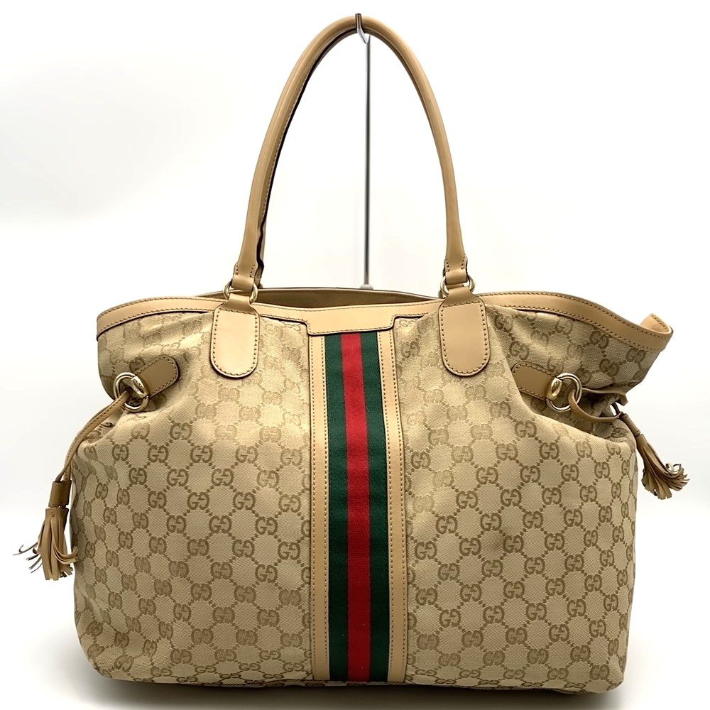 GUCCI グッチ 232969 GGキャンバス シェリー トートバッグ タッセル レザー ベージュ レディース