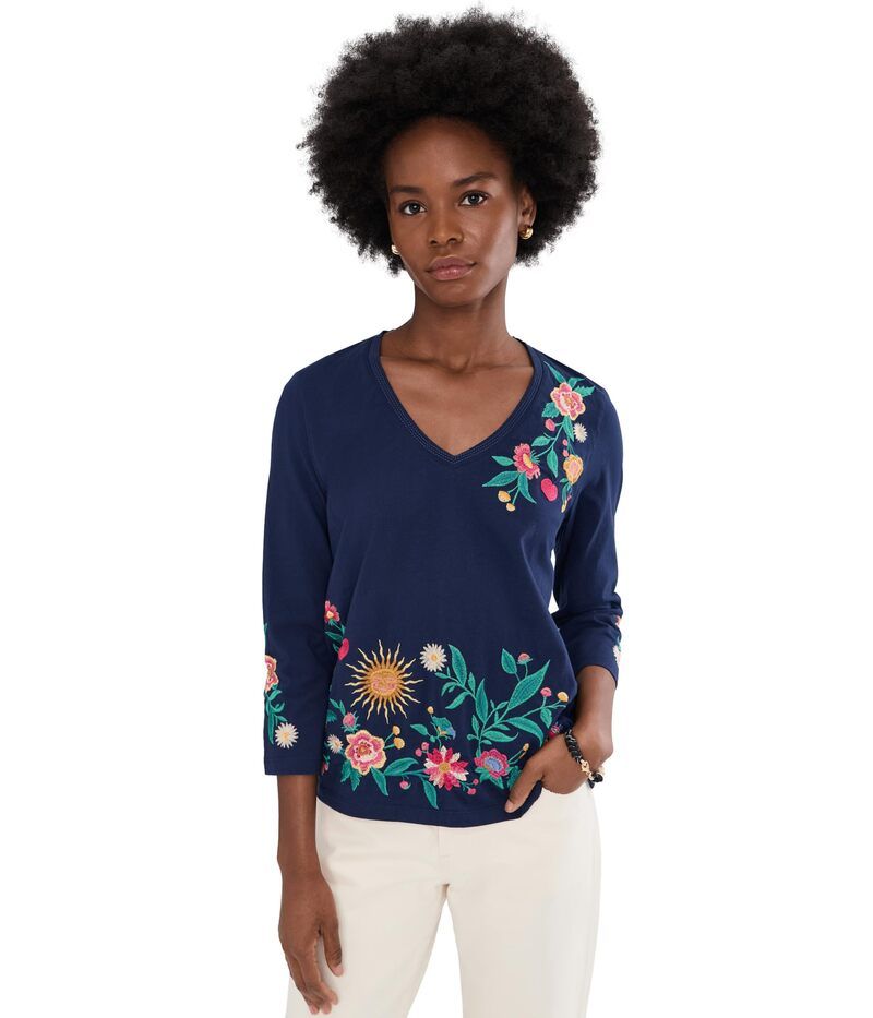 ジョニーワズ レディース トップス シャツ Vネック Johnny Was 34 Sleeve Trapunto VNeck Tee Ziviana Blue Night ブルー
