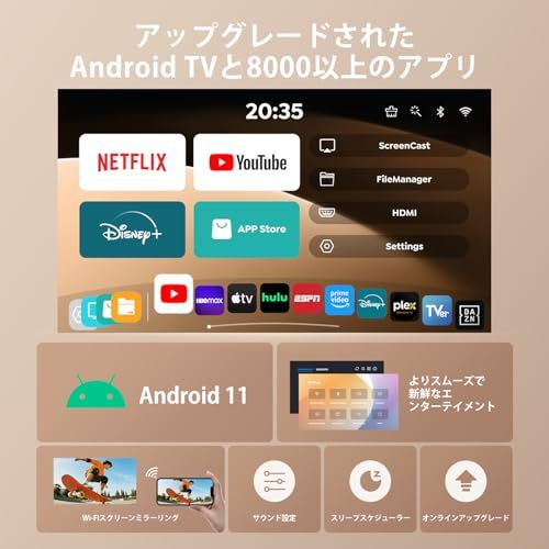 プロジェクター 小型 【TOPTRO-3年保証＆2026アップグレード版Android TV 搭載＆400g超軽量】短距離投影 30000LMプロジェクター家庭用 高輝度 ［1080P&4K対応・WIFI6&Bluetooth5.4］自動台形 34026f25