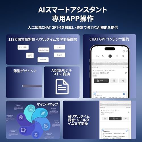 AI ボイスレコーダー 自動文字起こし付きボイスレコーダー 通話録音/要約/マインドマップ作成 64GBメモリー 118言語対応 Bluetooth5.3接続 iAndroid＆iOS適用 AI音声強化 ノイズキャンセリング機能 通話/会議/ c01947cb