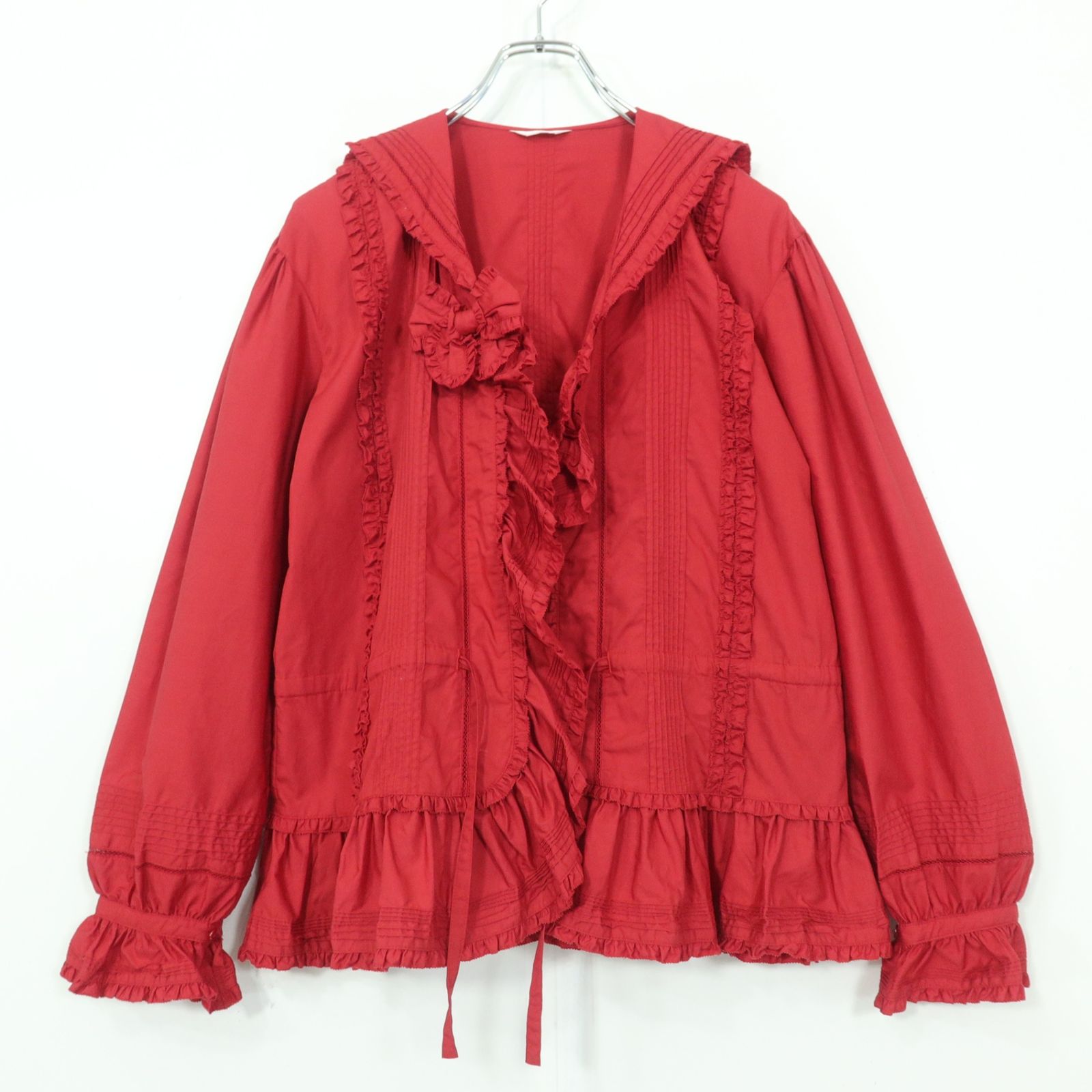 【美品】ピンクハウス★セーラーカラーが可愛い♪フリル使い タック 前開き チュニックブラウス 赤系 z20394