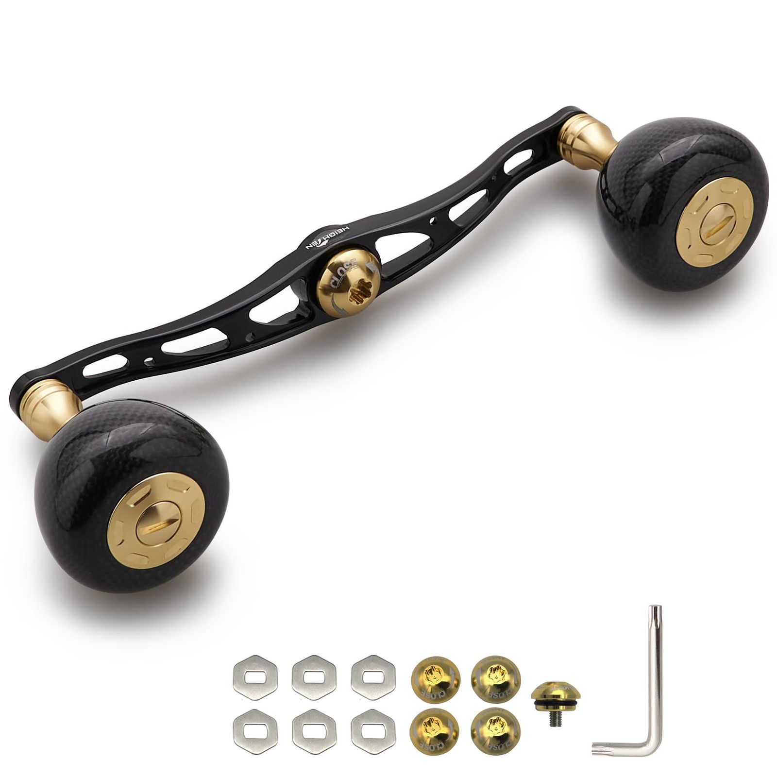 HEIGHTEN 130mm リール ハンドル 36mm カーボンノブ搭載 シマノ(SHIMANO) ダイワ(DAIWA) アブ(Abu) 通用 ベイトリール 用 Carbon Arch Series (ブラック&ゴールド) (HT24601)