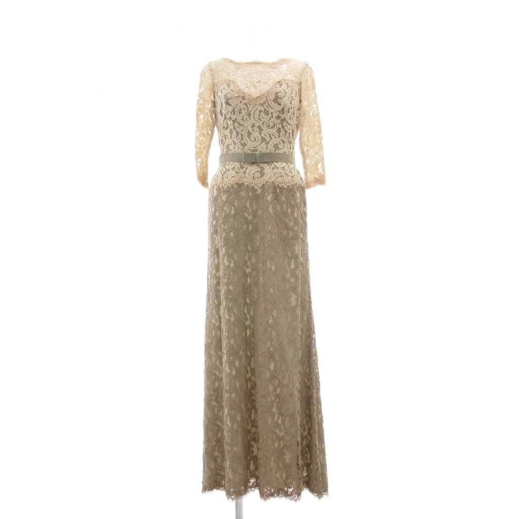 タダシショージ TADASHI SHOJI Lace Boatneck 3/4 Sleeve Gown with Grosgrain Ribbon Belt - PETITE ワンピース ロング丈 2P ベージュ ACZ1224LP /MG ■ECD004