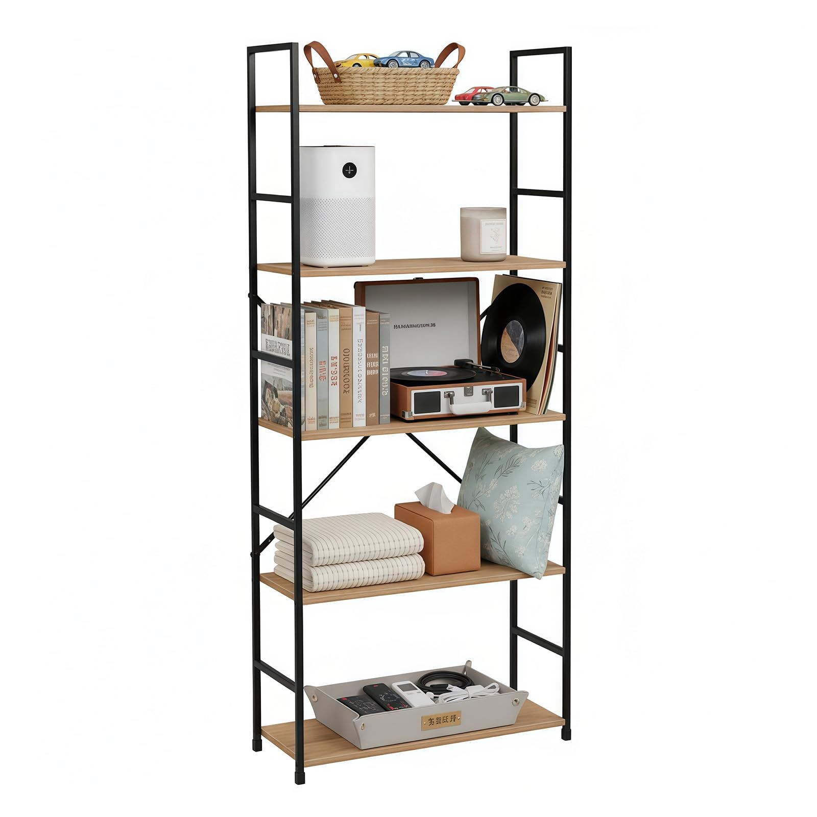 数量限定 リビングルーム 寢室 組立品 5段 ホームオフィス 幅58.6×奥行23.5×高さ144cm スチール 木製棚板 隙間収納 スリム 多機能収納ラック オーク色×ブラック おしゃれ 本棚 棚 ラック オープンシェルフ