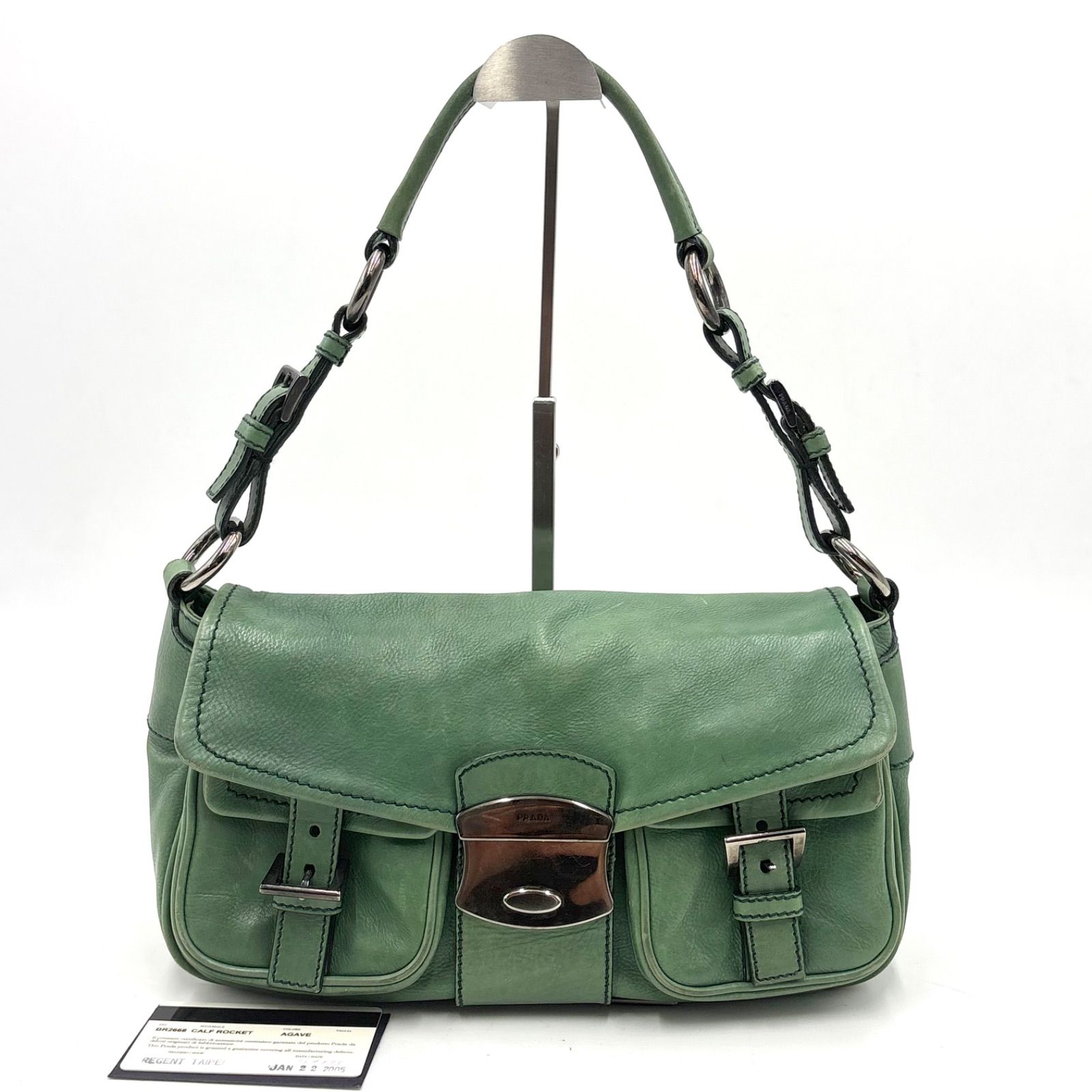 Auth Prada Y2K CALF ROCKET Multi Pocket One Shoulder Bag Green Leather BR2668