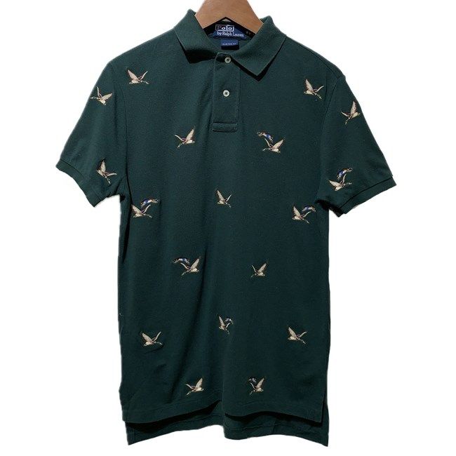 【中古】　POLO by RALPH LAUREN　ポロシャツ　90s vintage　90年代　半袖　シャツ　トップス　ハーフボタン　総柄　カモ柄　刺しゅう COSTOM FIT　古着　/0111