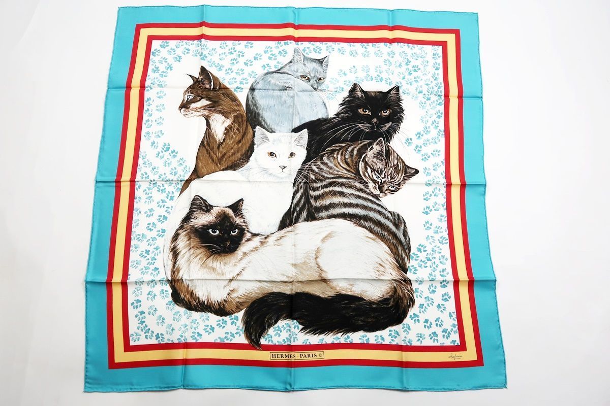 超美品】HERMES エルメス スカーフ カレ90【レ・シャ】猫柄 90×90