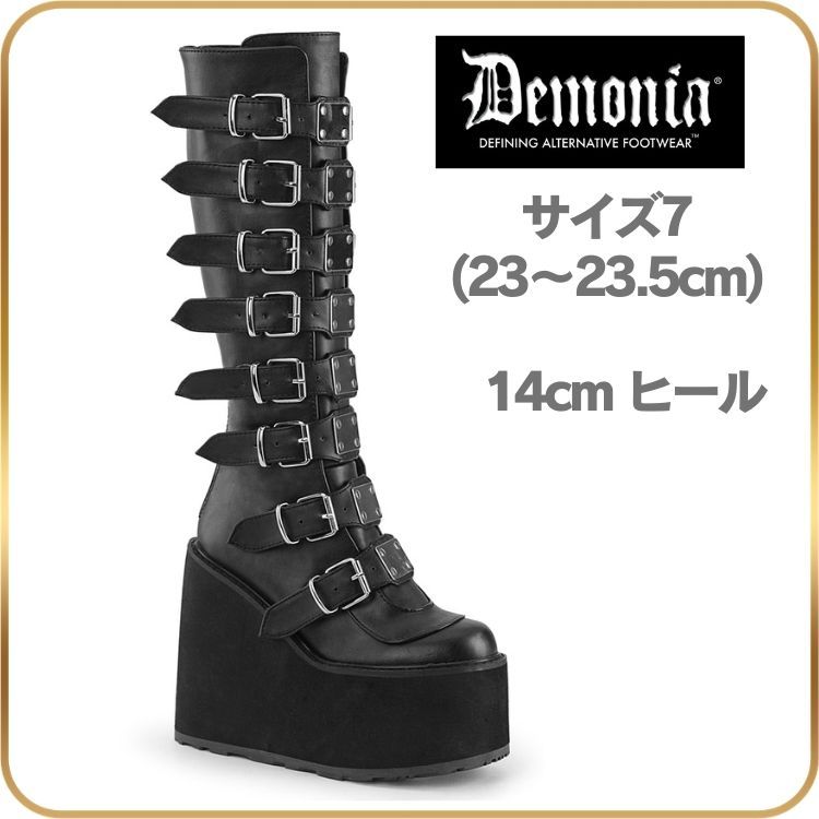 23 23.5 cm demonia デモニア 厚底 ブーツ ロング ロングブーツ 厚底ブーツ ウェッジソール 14cm ヒール 黒 ブラック ベルト 厚底靴 V系 ゴスロリ パンク 衣装 靴 ファッション SWING-815