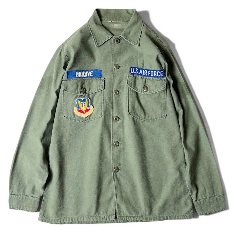 70s US ARMY 米軍実物 OG-107 コットン サテン ユーティリティ シャツ 3rd シャツ袖 / 70年代 ビンテージ ミリタリー ジャケット USAF