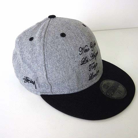ステューシー STUSSY ニューエラ NEW ERA コラボ 完売 レア 希少 キャップ 帽子 ぼうし ロゴ 刺繍 58.7cm 杢グレー 黒 ブラック ぼうし