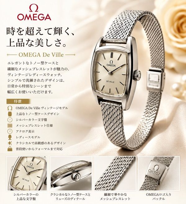 【M】OMEGA オメガ デ・ヴィル 1970年代 レディース ヴィンテージ 手巻き 腕時計/mo-A-214-5928-17.5/ヴィンテージ/レア/希少品/珍品/上品/トノー型/エレガント
