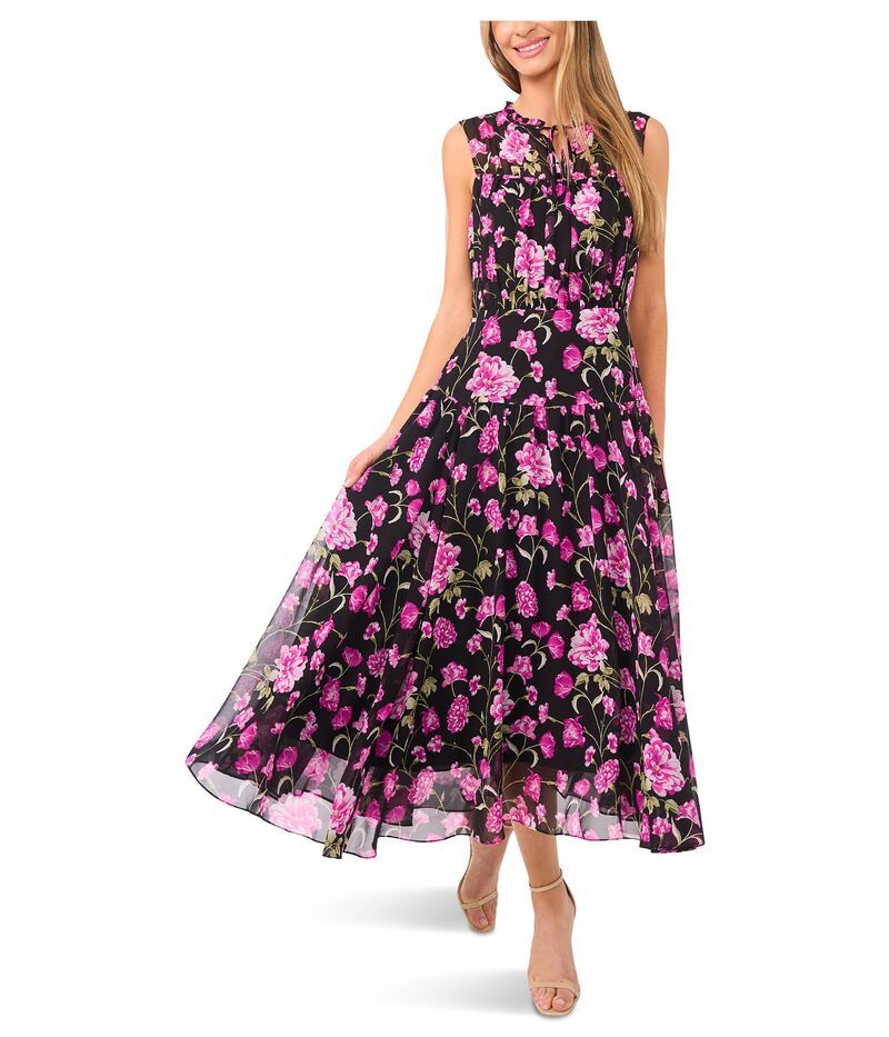 セセ レディース トップス ワンピース フラワー柄 ミディ フラワー CeCe Floral Tie Neck Shirred Midi Dress Rich Black ブラック