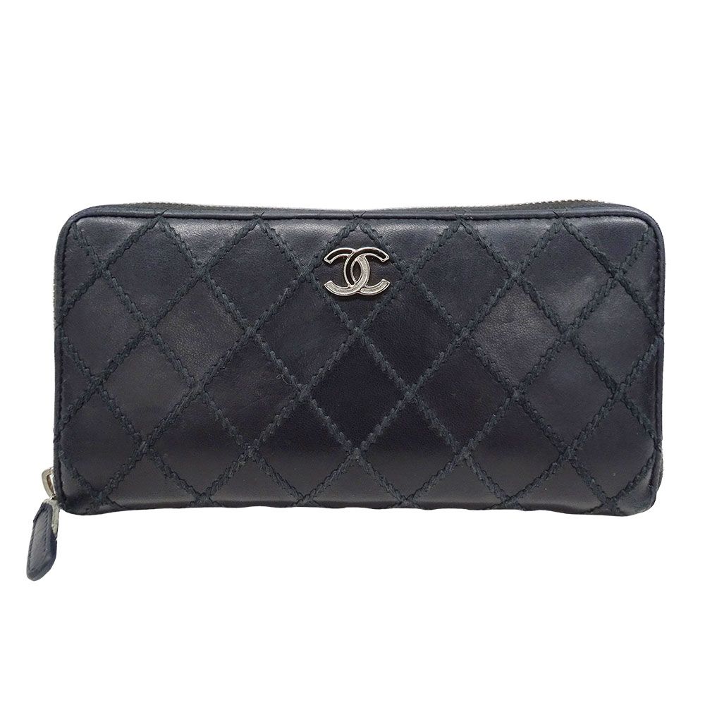 シャネル CHANEL 財布 レディース ブランド 長財布 ワイルドステッチ レザー ブラック シルバー金具 ラウンドファスナー おしゃれ キルティング ロゴ 【中古】
