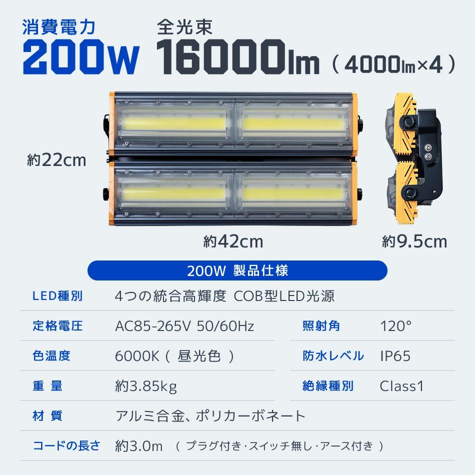 単品】LED投光器 200W 薄型 COBチップ搭載 LED 投光器 昼光色 led