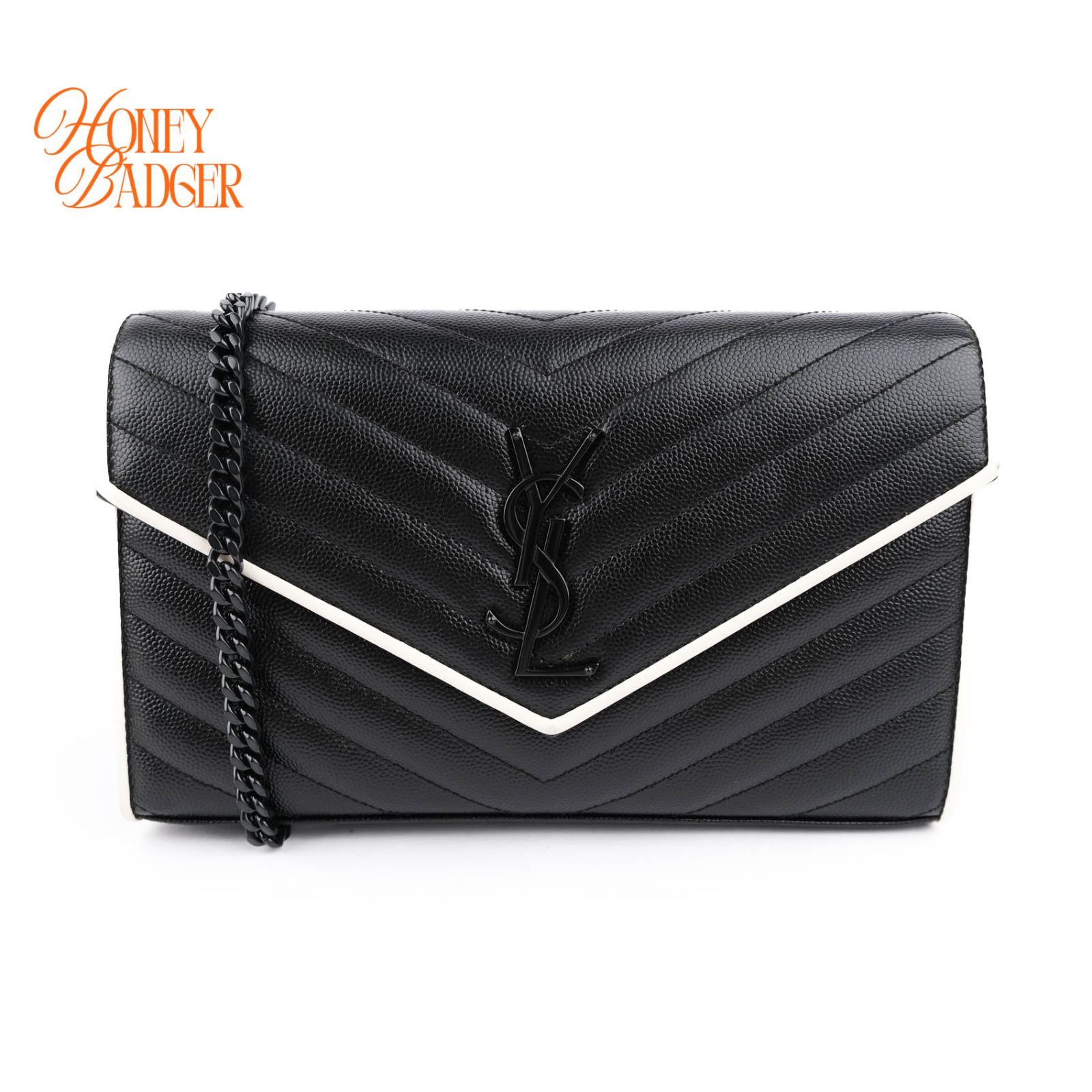 【極美品】SAINT LAURENT PARIS サンローランパリ エンベロープ チェーンショルダーバッグ ラージ キャビアスキン 黒金具 ホワイトエッジ