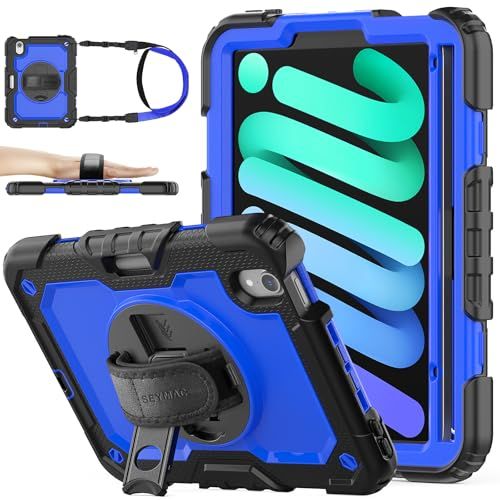 SEYMAC stock iPad mini 7/mini 6専用ケース 耐衝撃 ペンホルダー フィルム付き前面カバー 横置き縦置きスタンド 360度回転ハンドストラップ 肩掛けショルダーストラップ付きmini A17 Pro（ブルー）/ d4beb7e4