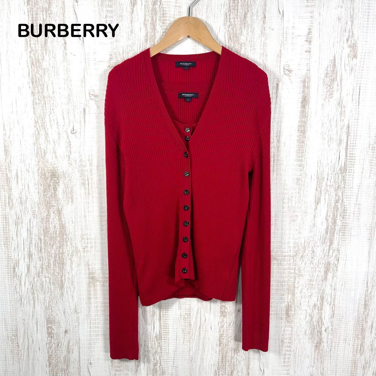 BURBERRY LONDON バーバリーロンドン ウール Vネック アンサンブル カーディガン レッド