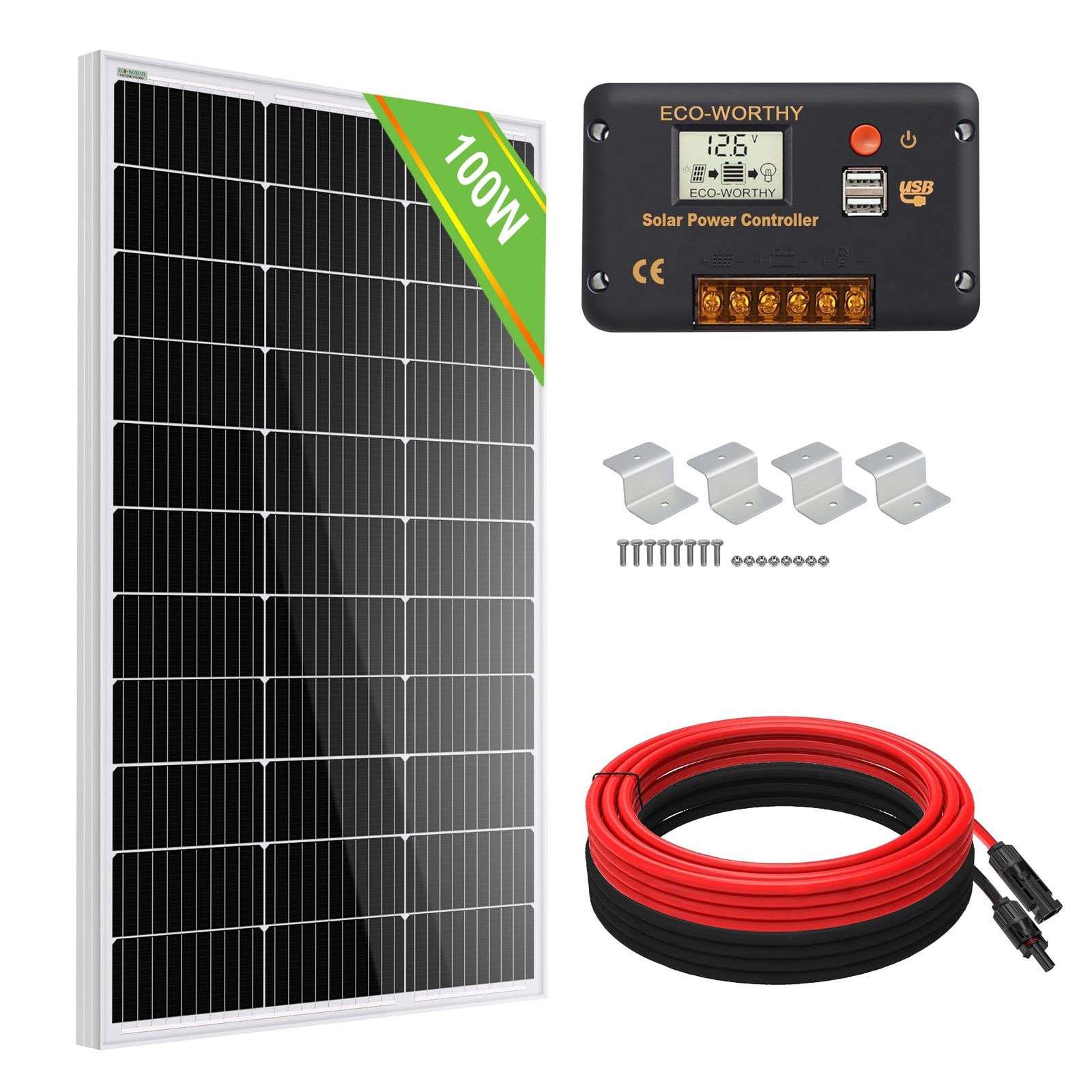 【新品】ECO-WORTHY 100W 12V ソーラーパネルキット:100W ソーラーパネル + 30Aチャージコントローラー +ケーブル+Z形ブラケット 23%変換効率 家庭用 DIY 小屋 トレーラー キャンプ用 災害対策 独立型 自作 b6cc9031