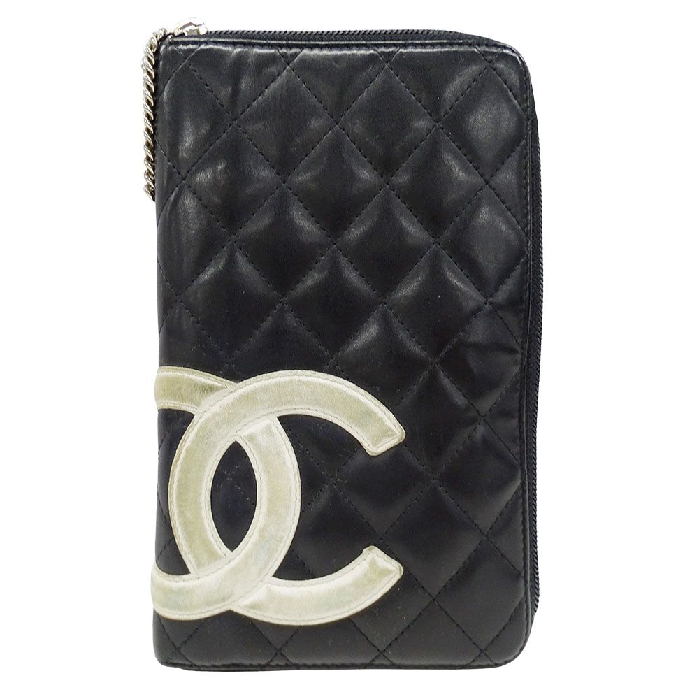 シャネル CHANEL 財布 レディース ブランド 長財布 カンボン ラムスキン ブラック シルバー金具 ラウンドファスナー おしゃれ ロゴ キルティング 【中古】