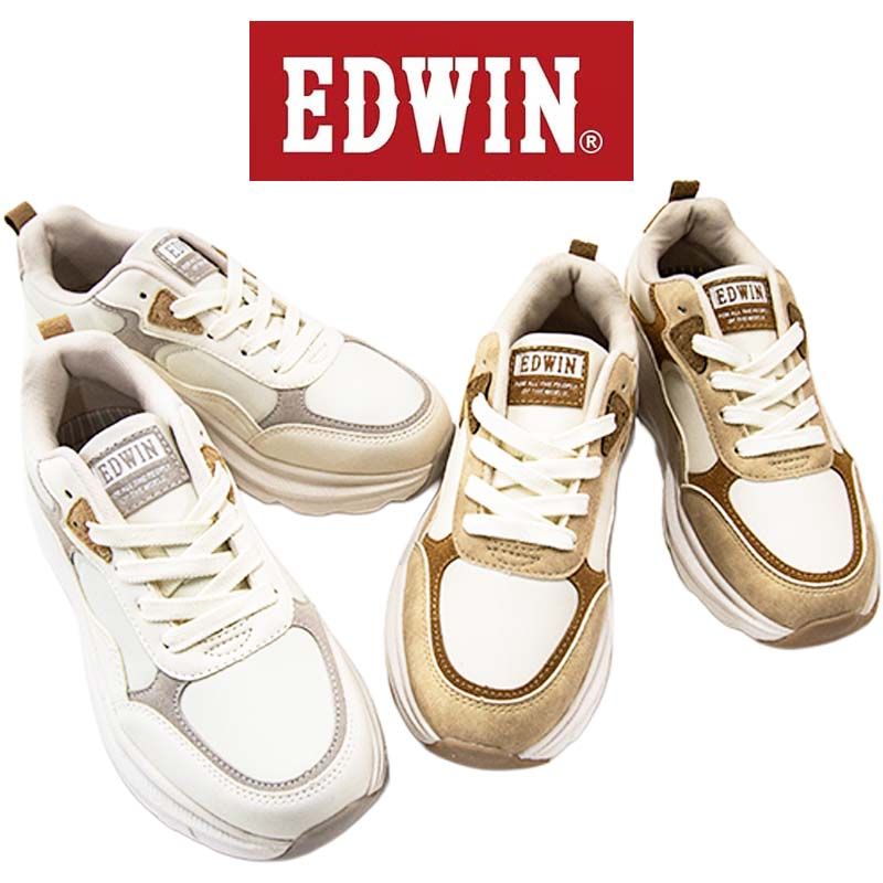 EDWIN エドウイン EDW-4655 レディース スニーカー ボリュームソール 軽量 クッションインソール 歩きやすい デイリー お散歩 運動 ホワイト ベージュ /HC/ST