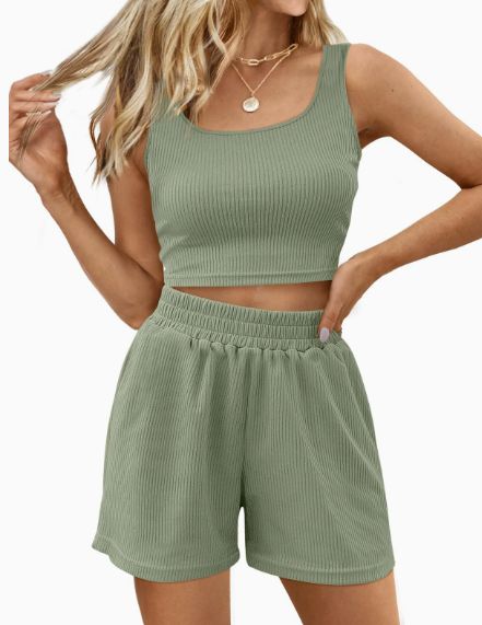 【抹茶】セットアップ レディース ショートパンツ ノースリーブ リブニット セット タンクトップ ルームウェア カジュアル 部屋着 上下 韓国ファッション 人気