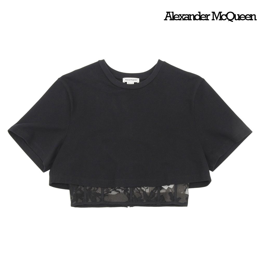 超美品 アレキサンダーマックイーン Alexander McQueen 2022年 レースコルセット クロップド Tシャツ サイズ42 ブラック レディース
