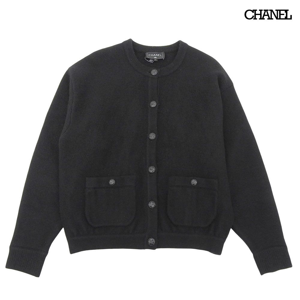超美品 シャネル CHANEL P73522 ココボタン シルク カシミヤ ウール ノーカラー ニット カーディガン 黒 ブラック