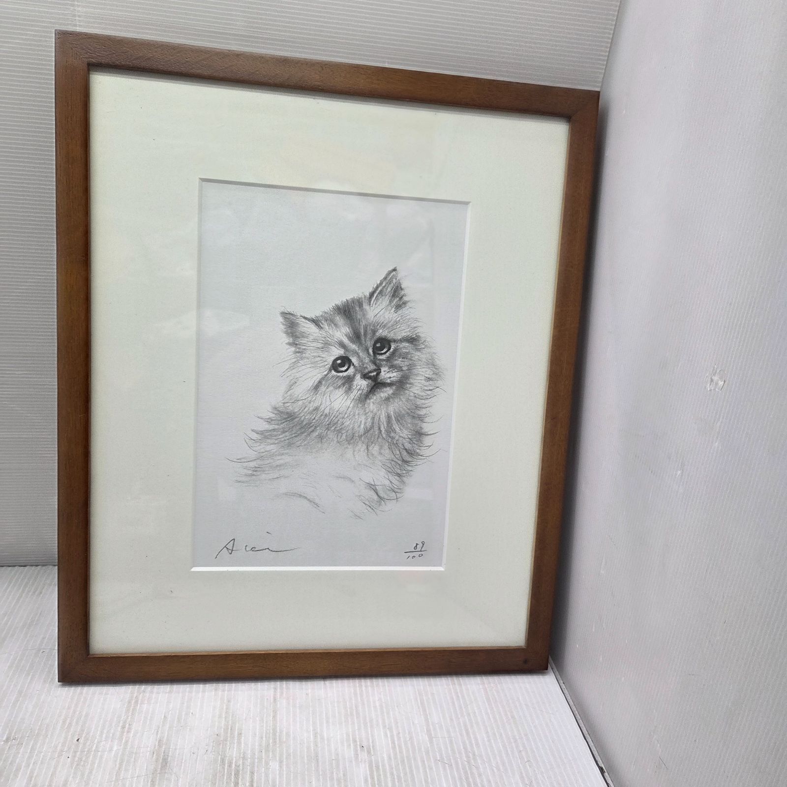 5 S04783 猫の鉛筆画 八代亜紀作 木製フレーム付き