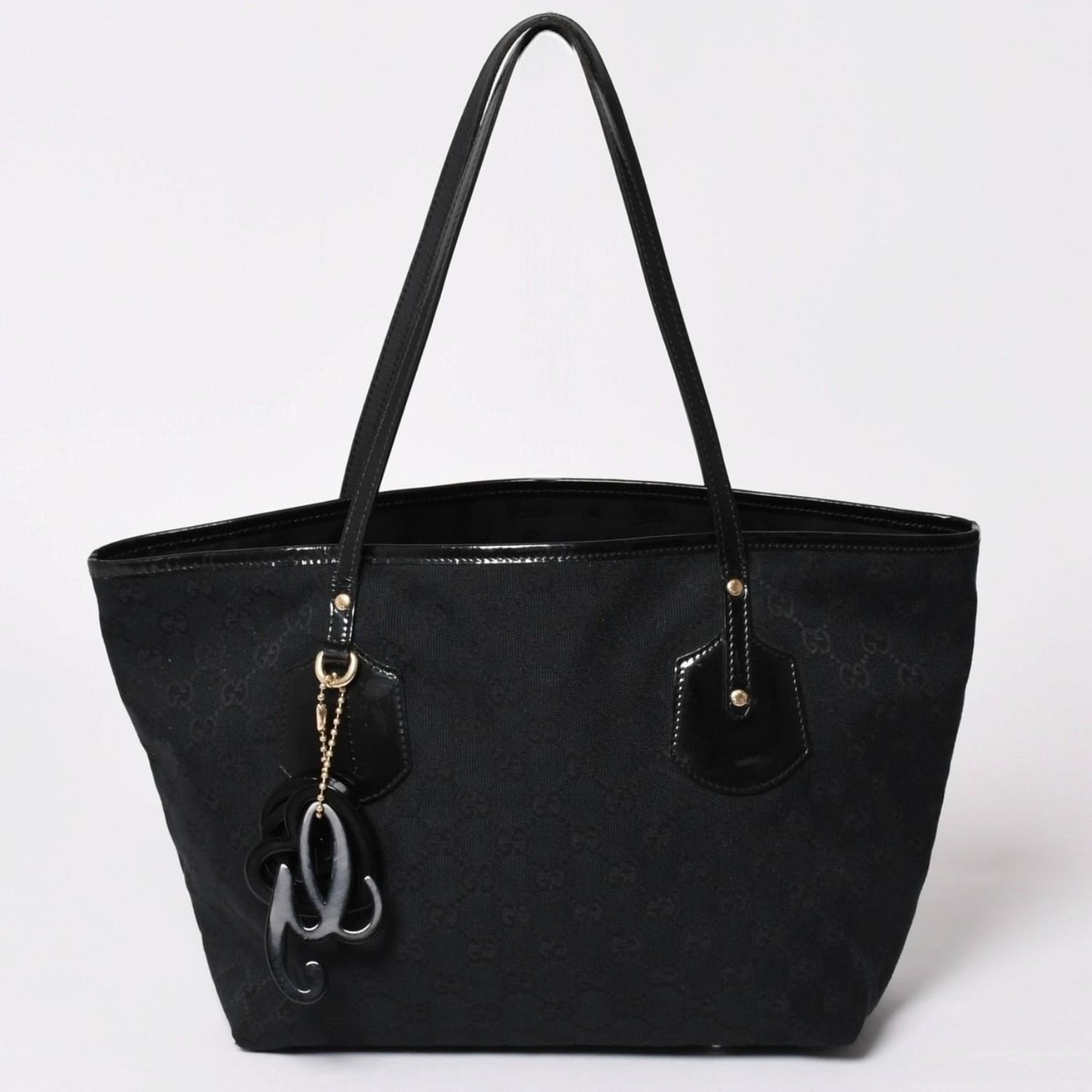 極美品 GUCCI グッチ GGキャンバスジョリートートバッグ ブラック パテントレザー ハンドバッグ 211976 ゴールド金具 中古 4a002065