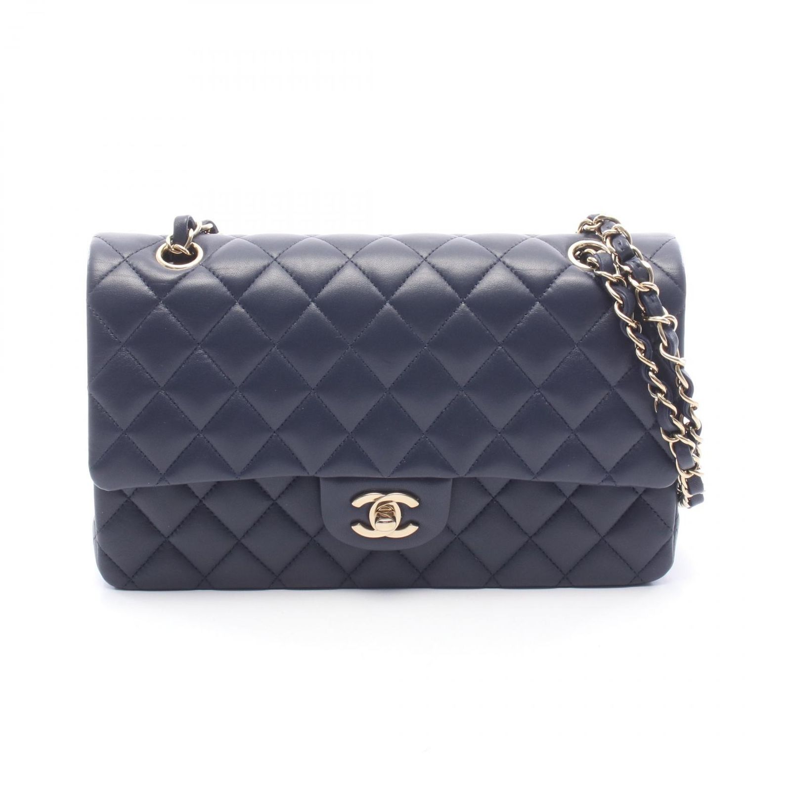 シャネル CHANEL ショルダーバッグ マトラッセ Wフラップ ネイビー レザー マトラッセ ダブルフラップ チェーンショルダー レディース Used A