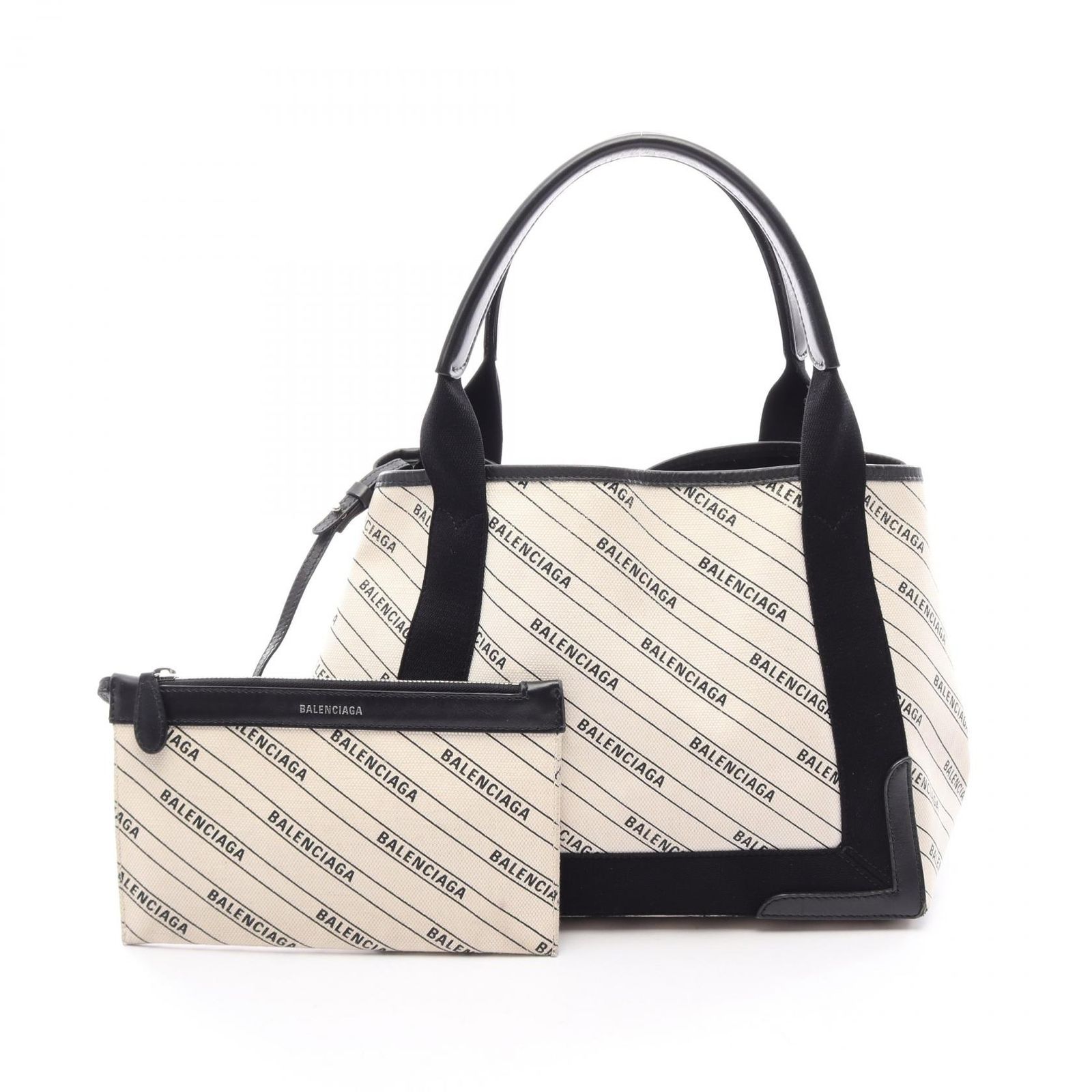 バレンシアガ BALENCIAGA トートバッグ NAVY CABAS S ネイビーカバ 339933 アイボリー/ブラック キャンバス レザー ネイビー カバS レディース Used B