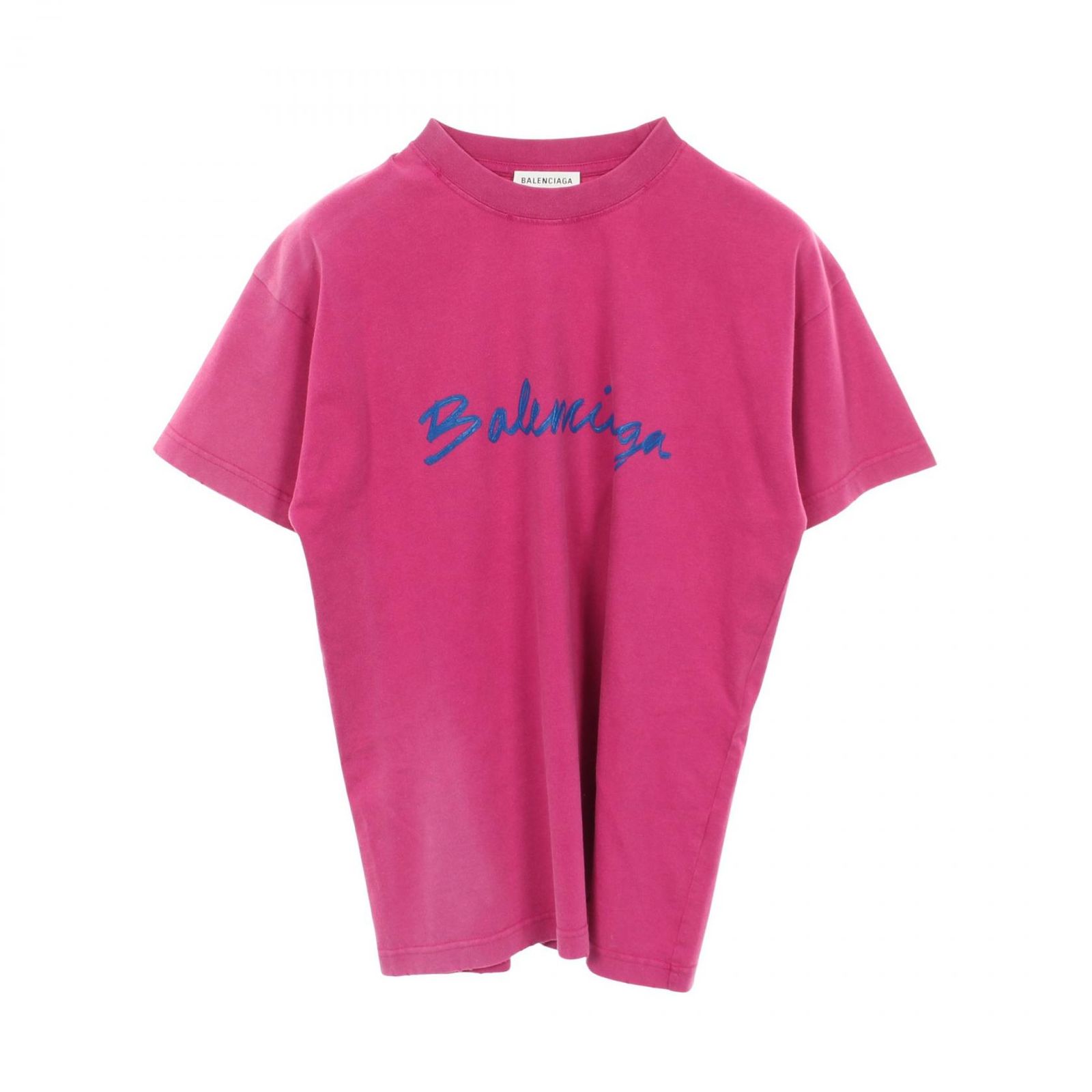 バレンシアガ BALENCIAGA 半袖Tシャツ プリントロゴ クルーネック ダメージ加工 ヴィンテージ加工 ピンクパープル コットン Tシャツ ユニセックス Used A