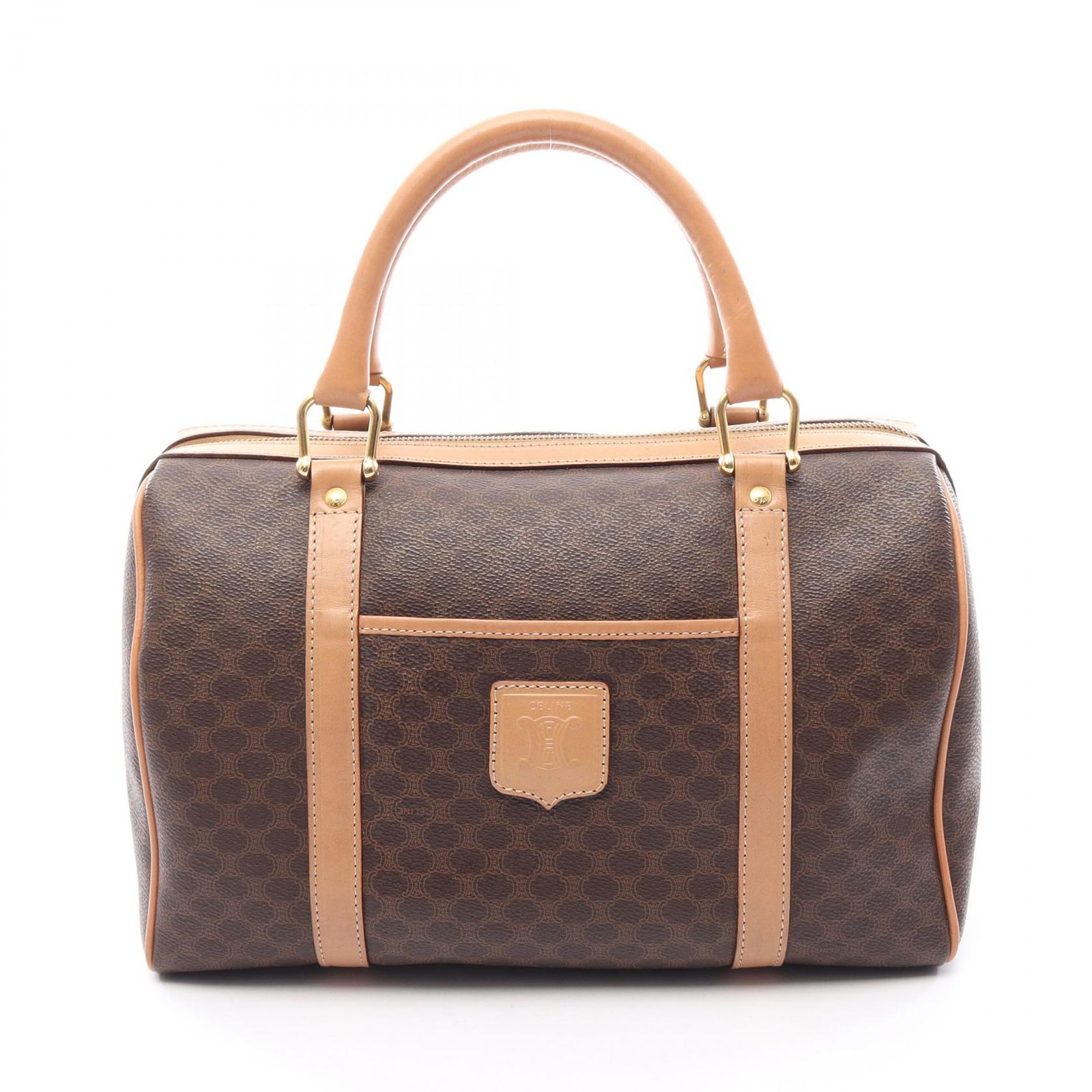 セリーヌ CELINE ハンドバッグ マカダム ミニボストン ダークブラウン/ナチュラル PVCコーティングキャンバス レザー マカダム ボストンバッグ レディース Used A