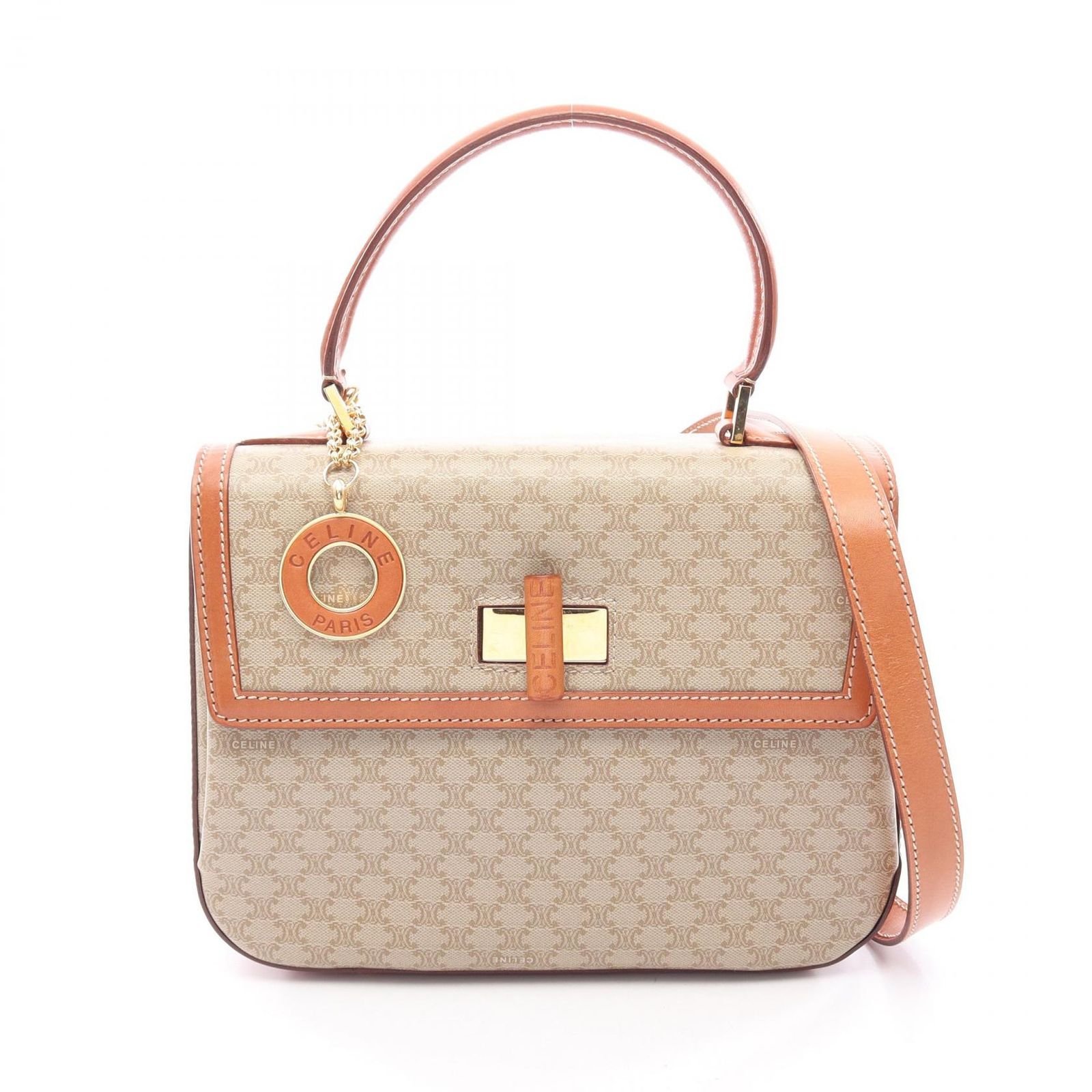 セリーヌ CELINE ハンドバッグ マカダム サークルチャーム付き ターンロック トップハンドルバッグ 2WAY ベージュ/ブラウン PVCコーティングキャンバス レザー