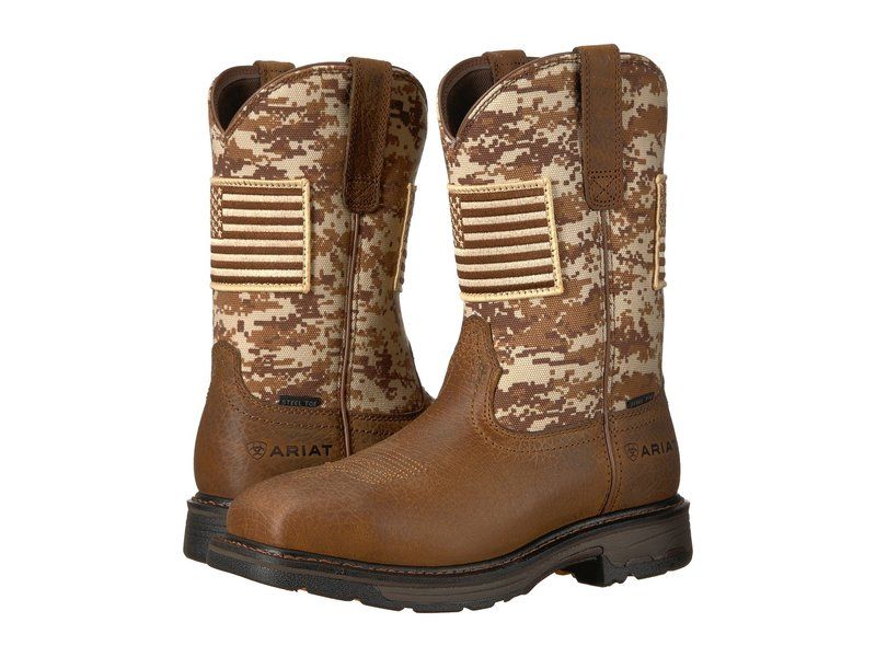 アリアト メンズ シューズ ブーツ・レインブーツ Tシャツ Ariat Workhog Patriot Steel Toe EarthSand Camo サンド
