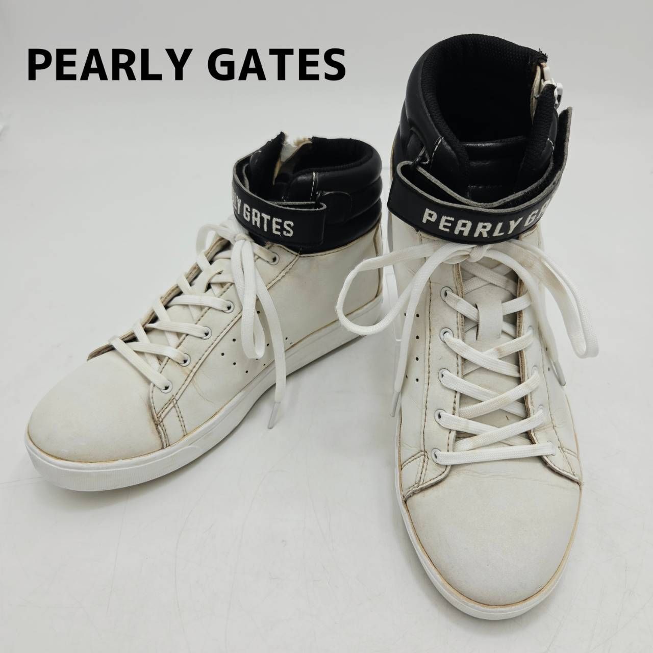 パーリーゲイツ PEARLY GATES ゴルフシューズ スパイク ハイカット 24cm 24.0cm 白 黒 ホワイト ブラック 053-7992804 人工皮革 レディース 89 ナンバリング サイドジップ アンクルストラップ ベルト付き hws02657