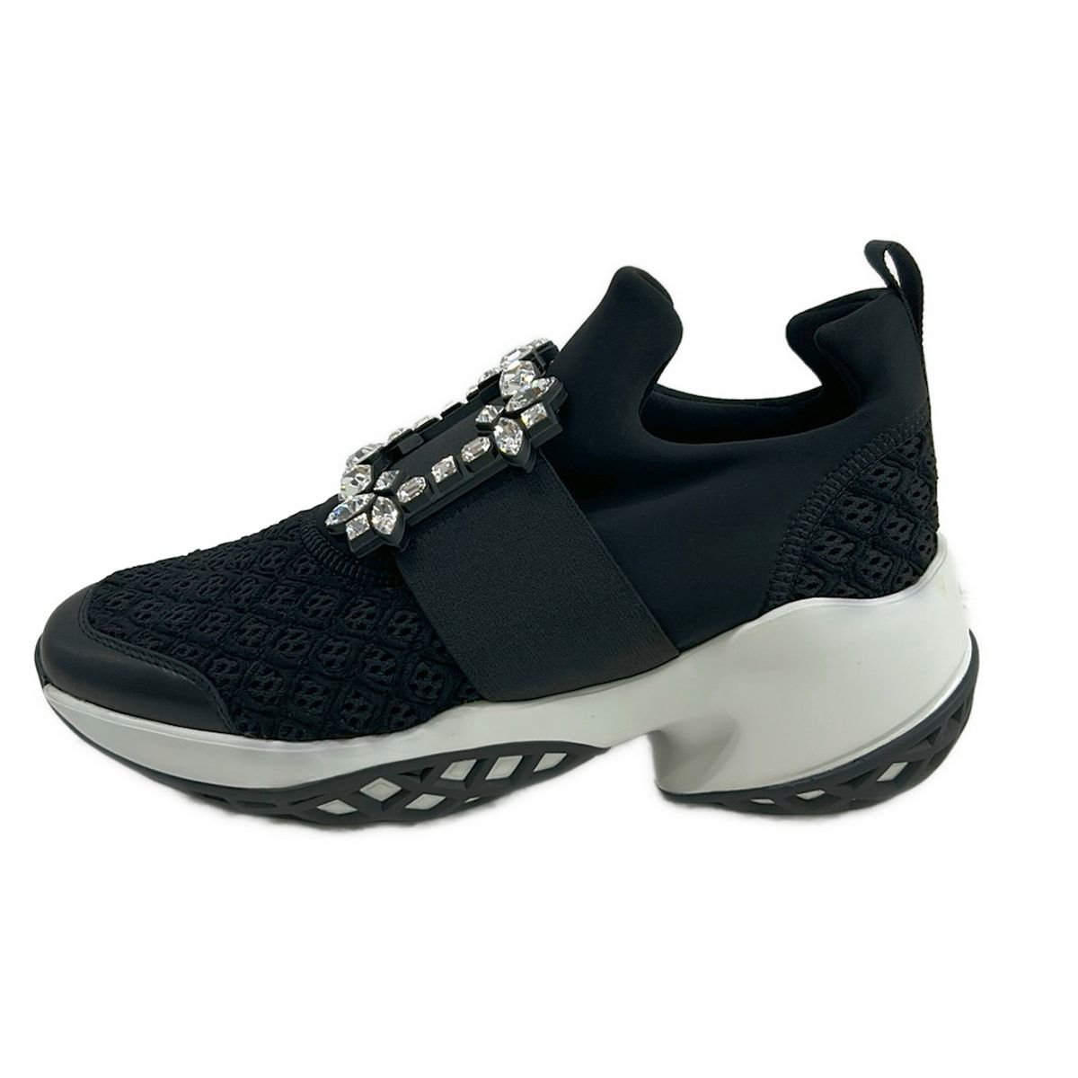 RogerVivier(ロジェヴィヴィエ) シューズ 36 1/2 レディース美品 ヴィヴラン 黒 ビジュー/インソール取外し可/メッシュ レザー