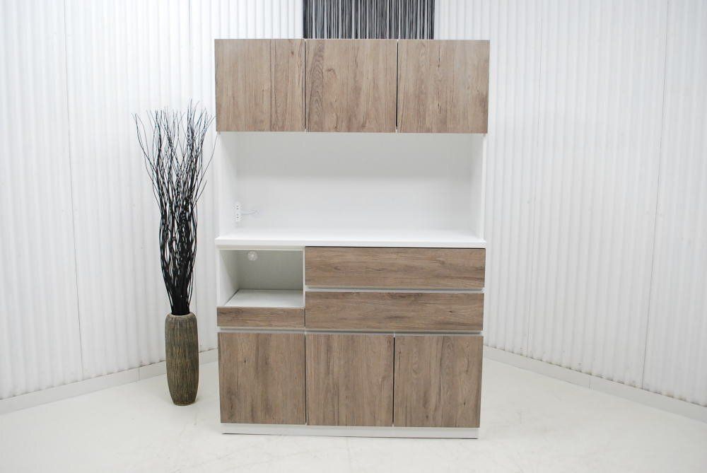 【現品限り】キッチンボード　食器棚　カップボード　大容量の収納力　木目調　白　幅120cm　アウトレット 送料無料(一部除) 260522-スプリント120OP-GY