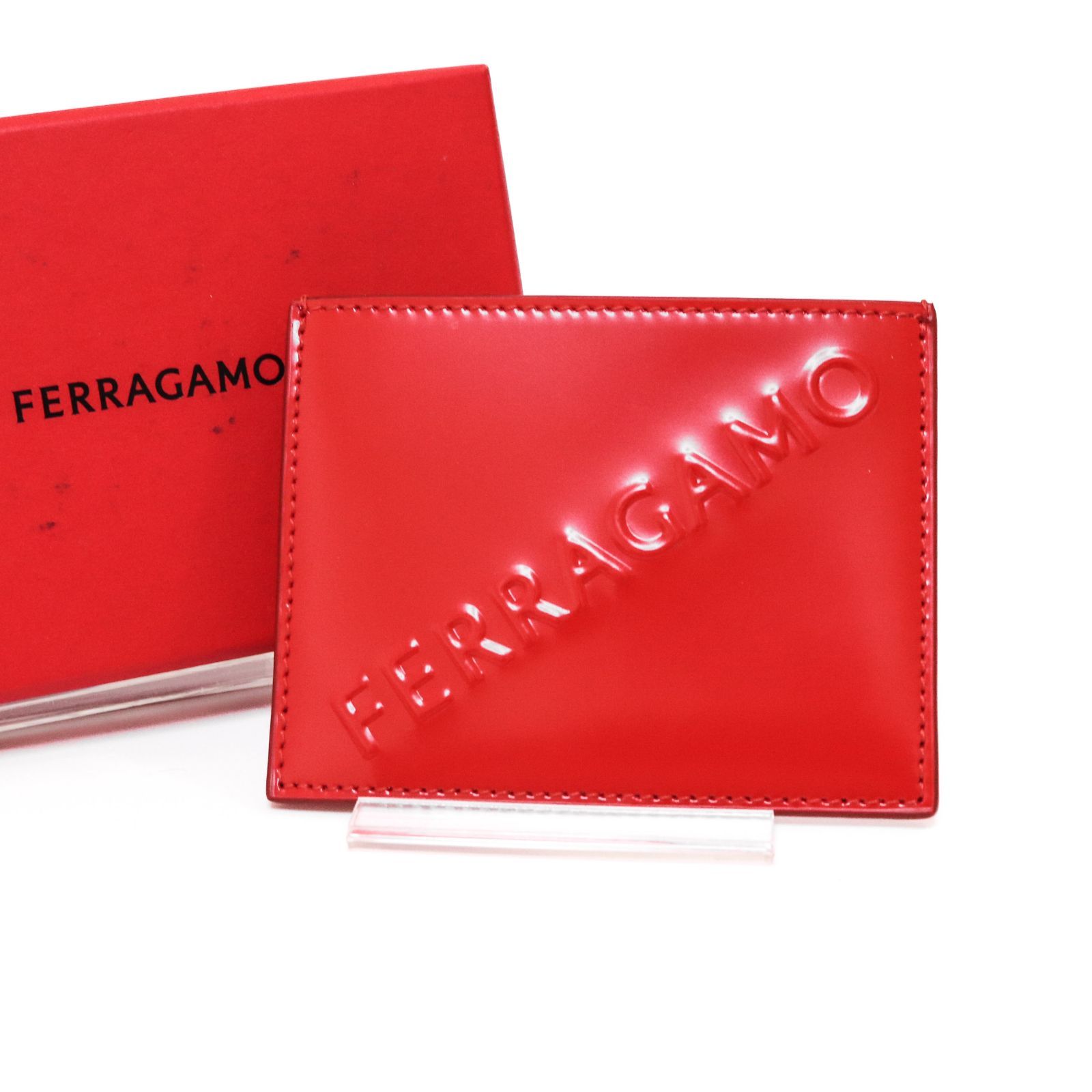 サルヴァトーレフェラガモ カードケース 名刺入れ フラグメントケース ロゴ レッド 赤 RED レザー 本革 Salvatore Ferragamo