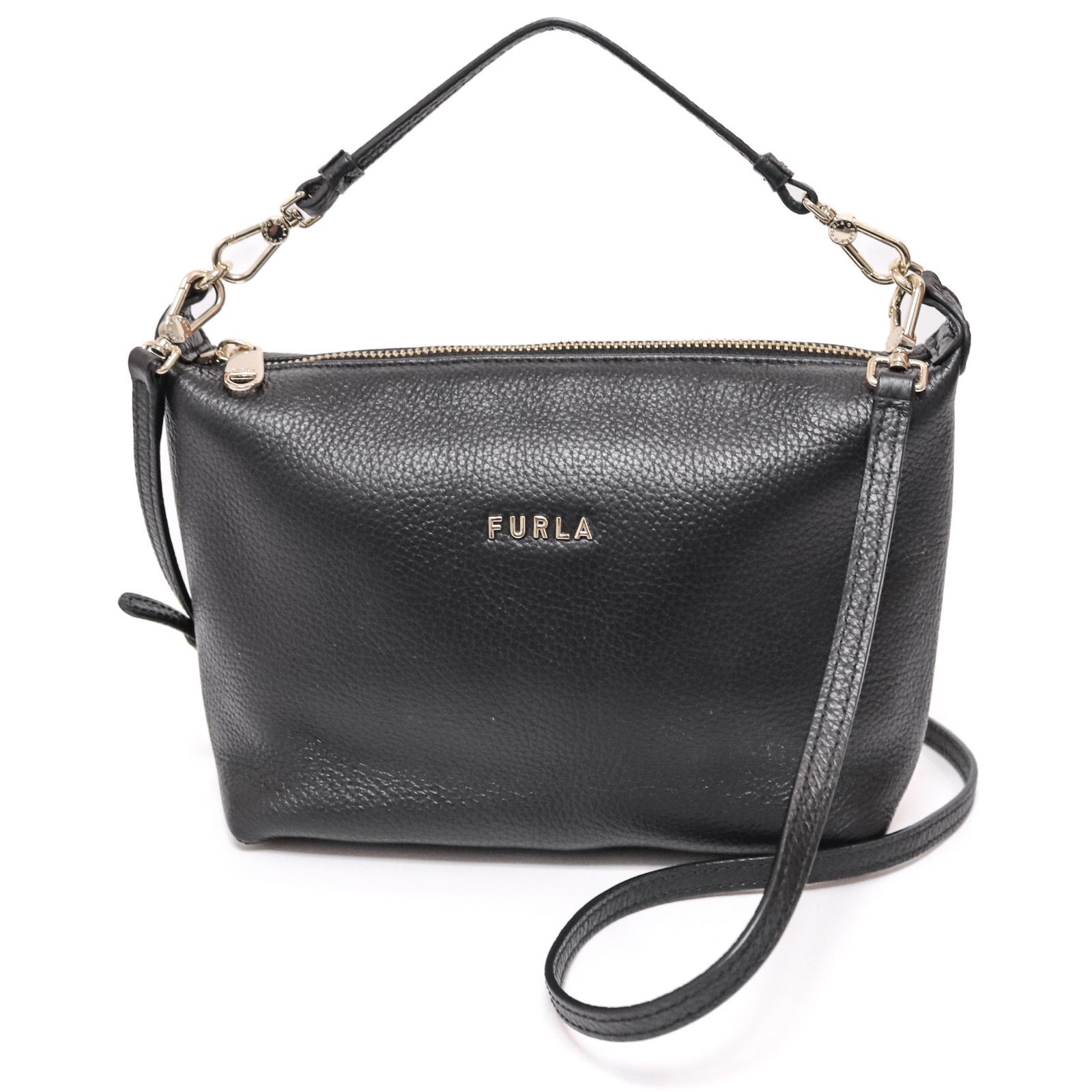 フルラ 2way ショルダーバッグ ハンドバッグ ジッパー シルバー金具 ブラック 黒 Black レザー 本革 FURLA