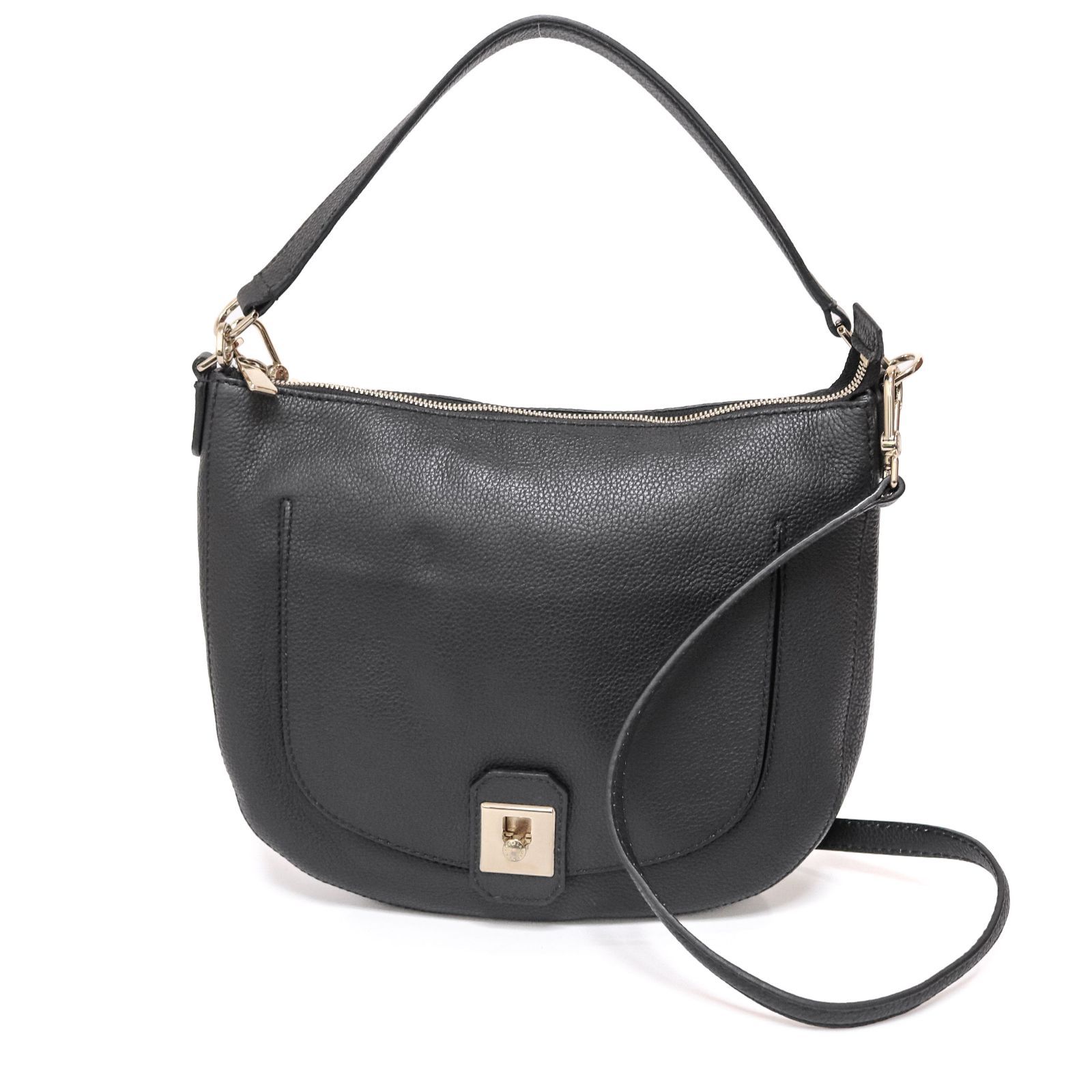 フルラ 2way ショルダーバッグ ハンドバッグ ハーフムーン フラップ シルバー金具 ブラック 黒 Black レザー 本革 FURLA