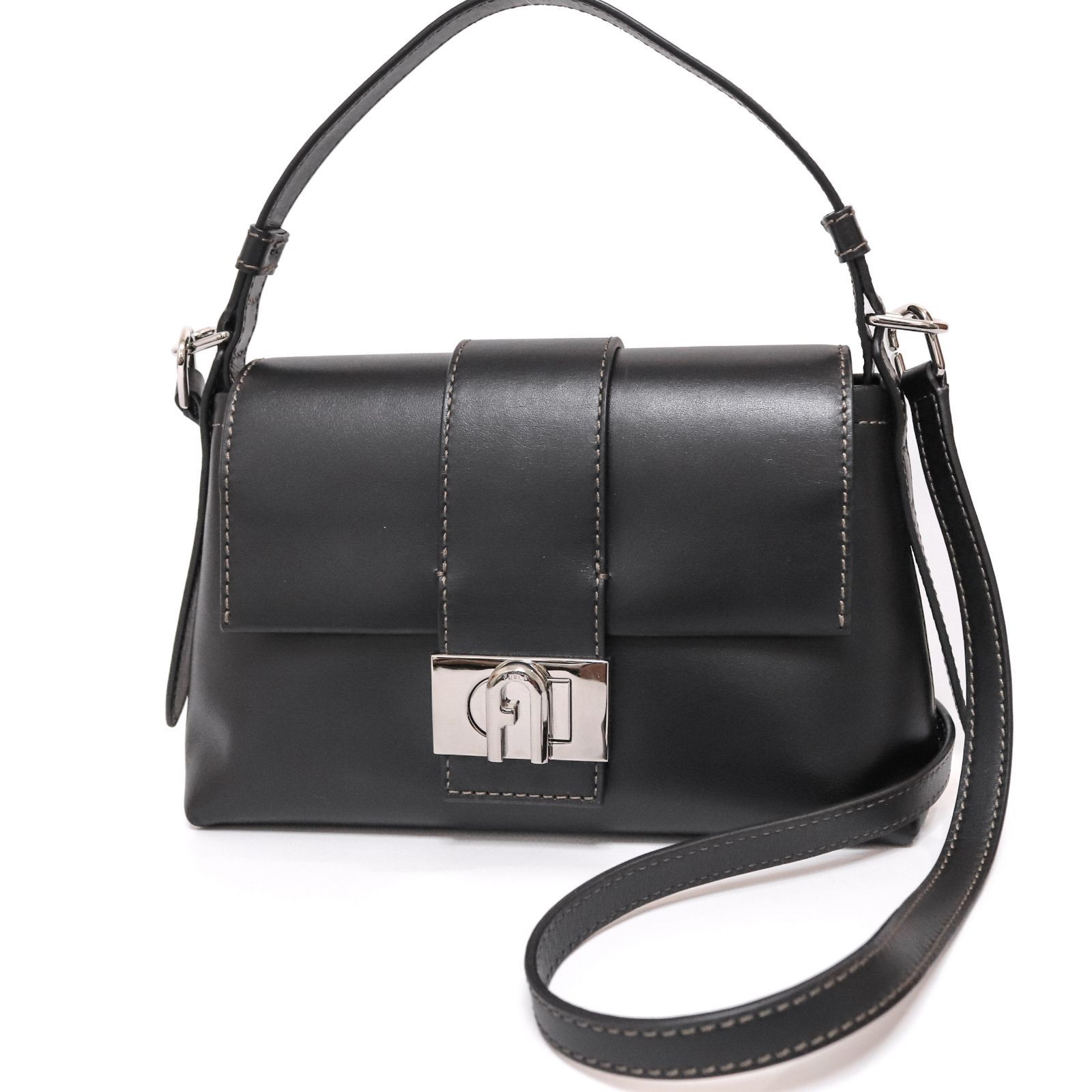 フルラ 2way ショルダーバッグ ハンドバッグ ボックス カーフレザー ターンロック ブラック 黒 Black レザー 本革 FURLA