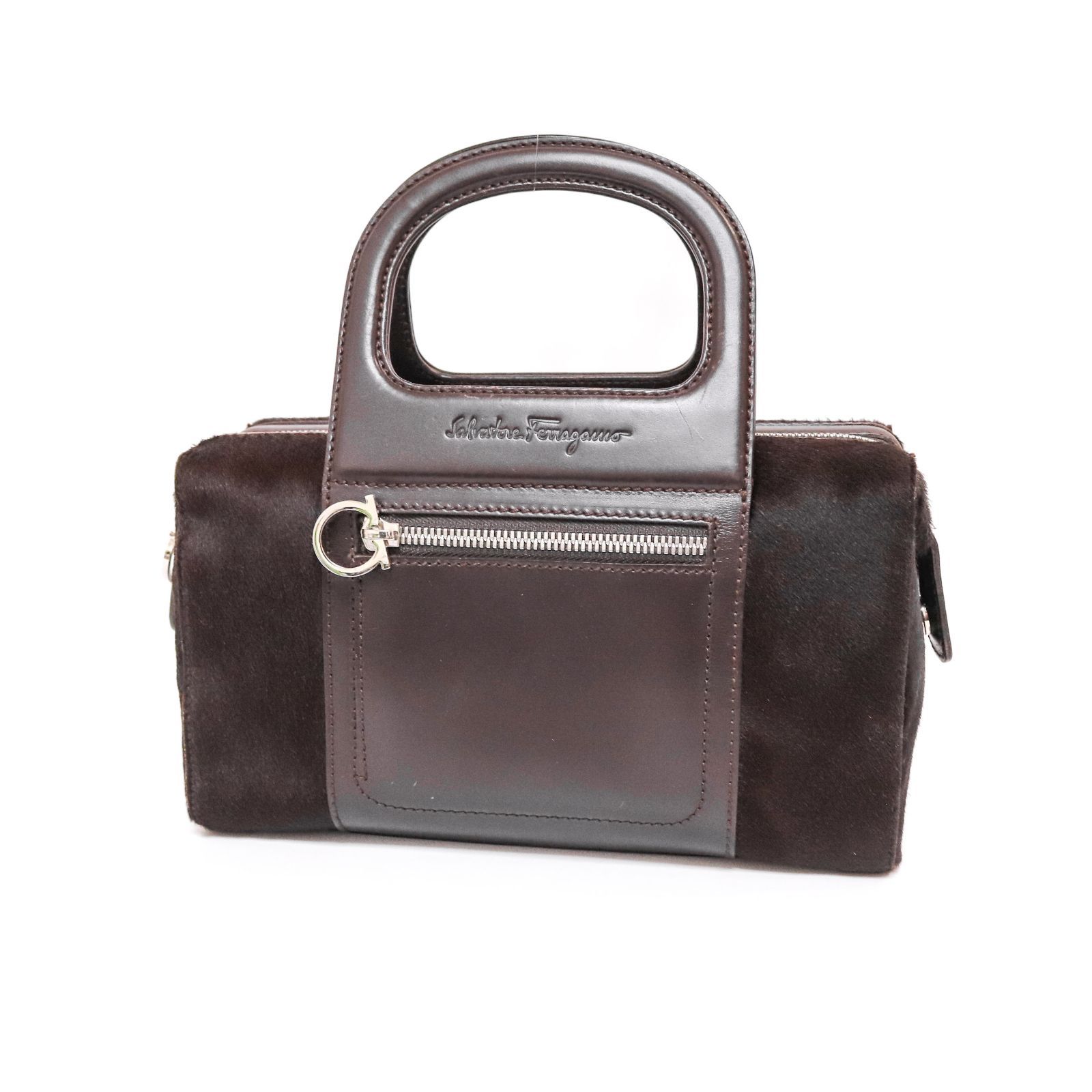 サルヴァトーレフェラガモ ハンドバッグ ミニボストン ダークブラウン 焦げ茶 レザー 本革 ハラコ Salvatore Ferragamo