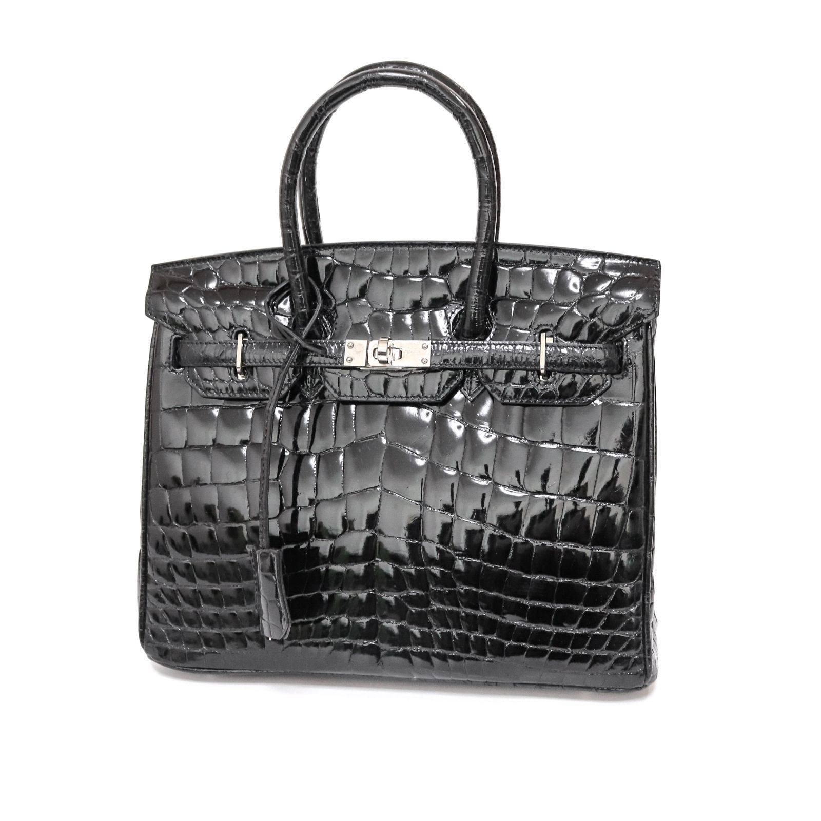 ハンドバッグ バーキン型 シルバー金具 クロコダイル エキゾチックレザー ターンロック シャイニー ブラック 黒 Black クロコ レザー 本革