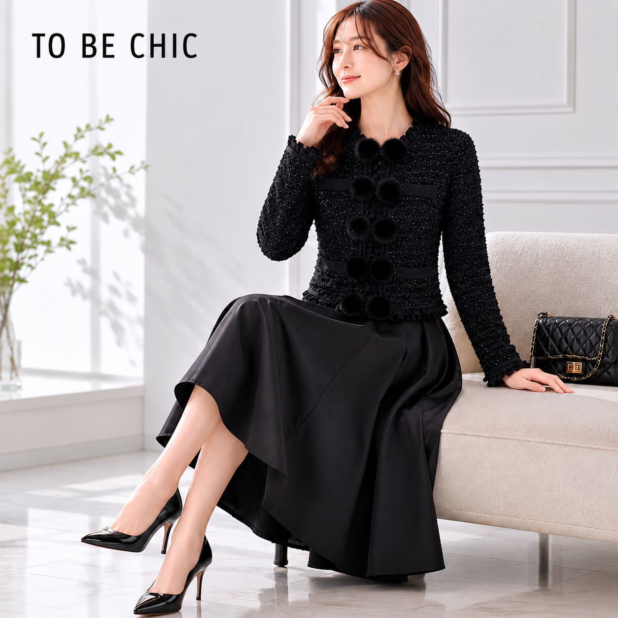 【美品 完売名作 ミンクファー付き ニットツイードジャケット】TO BE CHIC / トゥービーシック Ⅱ「Mサイズ（9号相当）」ブラック ニットツイードジャケット ミンクファー フォーマル 羽織 学校行事 セレモニー お食事会 上品 コーデ