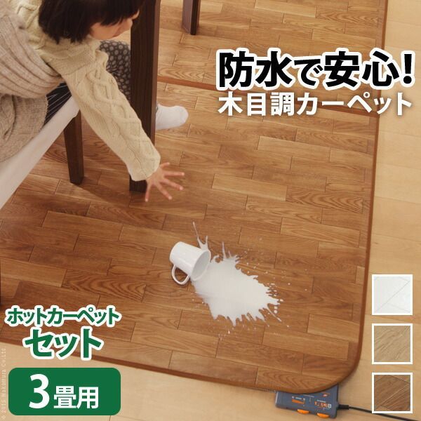 ホットカーペット カバー 防水 木目調ホットカーペット・カバー-ウッディ 3畳用（250x198） ホットカーペット本体 2点セット ラグ リビングマット フローリング調 クッション性 抗菌 防カビ 防汚 防水 日本製 床暖房対応 ペット 子供 あったか テ