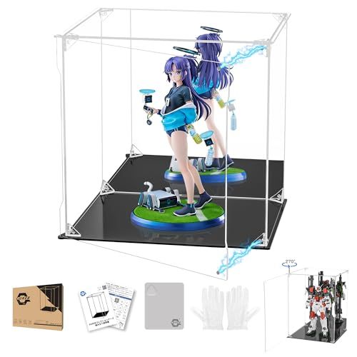 KUKER フィギュアケース アクリルケース UVカット 背面ミラー マグネット付き 前扉 コレクションケース ディスプレイケース ショーケース 組み立て式 汚れ防止 手袋 クリーニングクロス付き (幅30×奥行25×高さ30cm,台座黒＋背 05be66d0