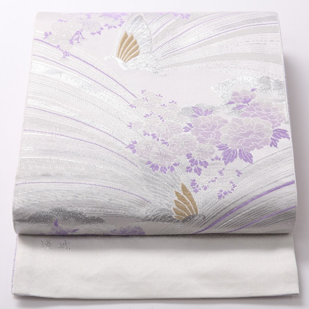 特価!振袖用 袋帯 帯丈448cm ポリエステル 六通 未仕立て 孔雀 白系 紫系 1243-01629