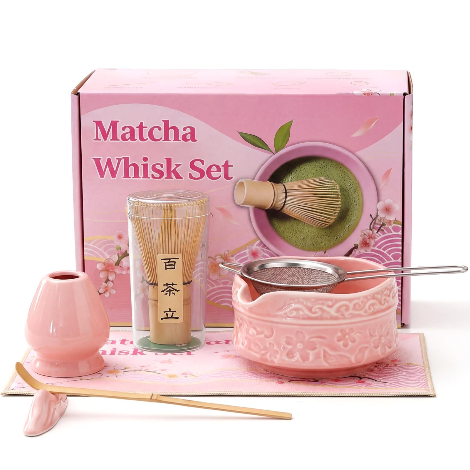 【新品】茶道具 抹茶セット 7点 片口抹茶碗 350ml 百本立茶筅 茶筅立て 茶杓 茶こし 茶巾 スプーン 竹製 天然素材 初心者向け 茶道 道具 抹茶ラテ まっちゃいろ ギフトボックス入り 母の日 敬老の日 誕生日 贈り物 (桜色) 6294bda6